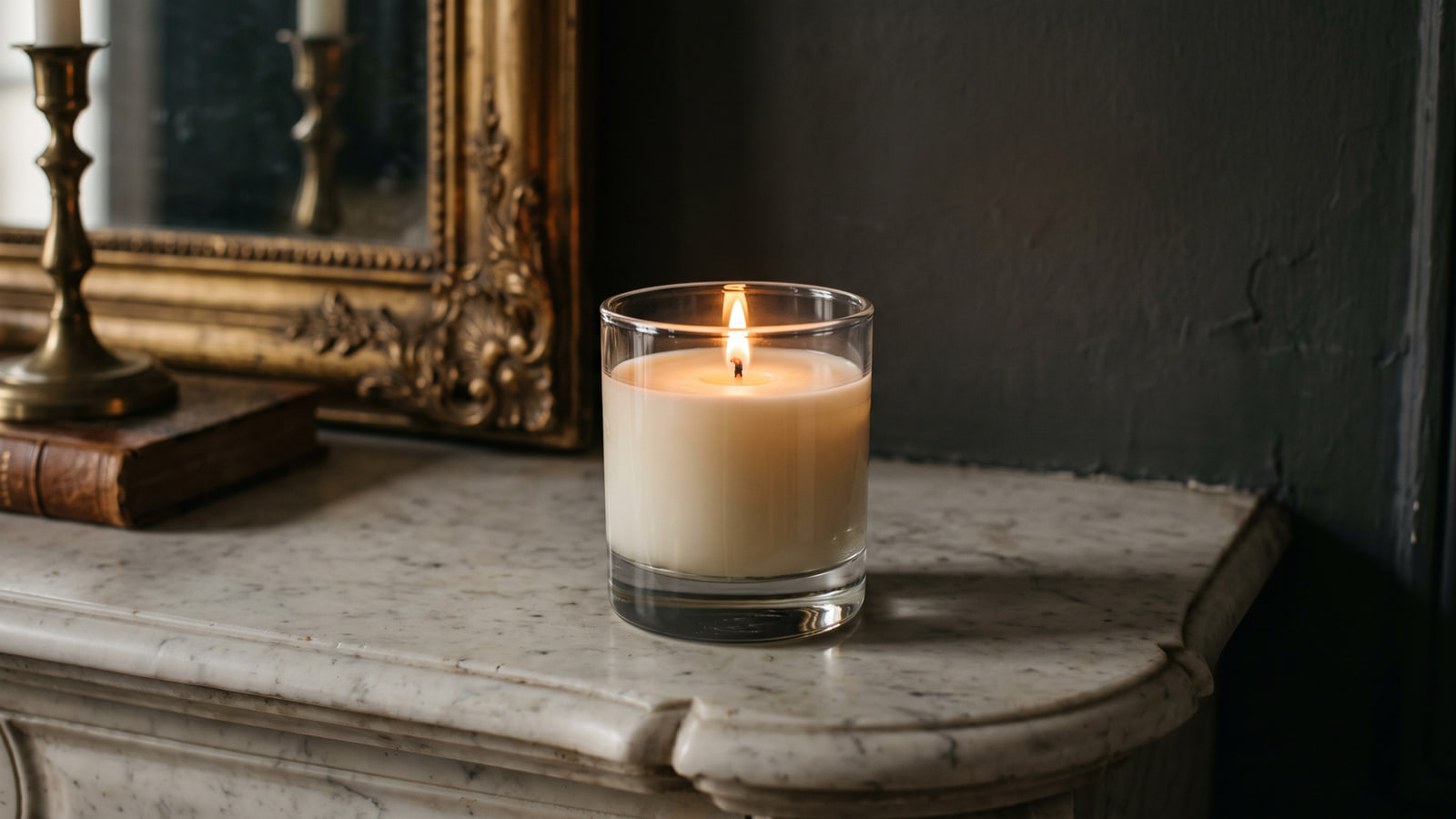 Diptyque style clear glass candle lit in a softly shadowed Parisian interior