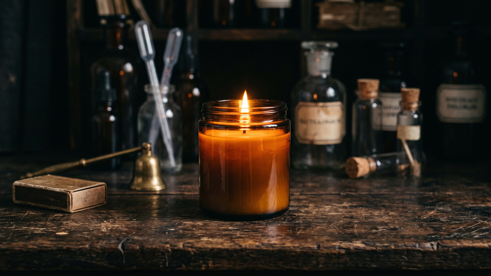 Le Labo style amber apothecary glass candle on a worn wooden bench
